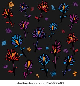 seamless pattern with colorful flowers on a dark gray background. Bright illustration, can be used for wrapping paper, invitation card for wedding,wallpaper and textile. Vector illustration. doodles