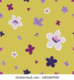 Seamless pattern of colorful flowers on a yellow background in Hawaiian style