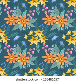 seamless pattern with colorful flowers on blue background.