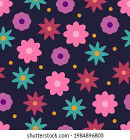 Seamless pattern with colorful flowers on a dark background.