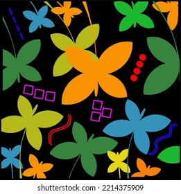 Seamless pattern of colorful flowers on black background.