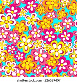 Seamless, pattern  of colorful flowers on a green  background, vector illustration