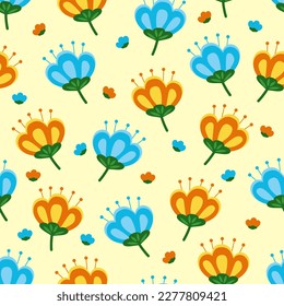 Seamless pattern with colorful flowers on yellow background. Pattern for wallpaper, wrappers, postcards. Pattern for fabric and clothes. 