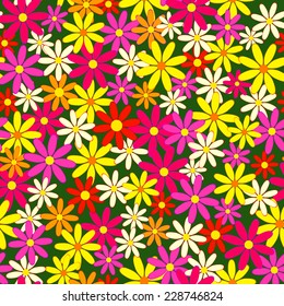 Seamless, pattern  of colorful flowers on a green  background, vector illustration