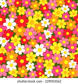 Seamless, pattern  of colorful flowers on a green  background, vector illustration