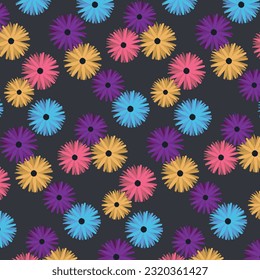 Seamless pattern with colorful flowers on dark background