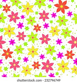 Seamless, pattern  of colorful flowers on a green  background, vector illustration