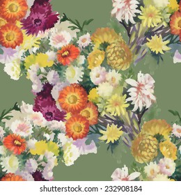 Seamless pattern with colorful flowers on green background vector illustration