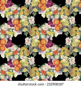 Seamless pattern with colorful flowers on black background vector illustration