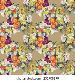 Seamless pattern with colorful flowers on beige background vector illustration