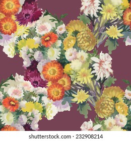 Seamless pattern with colorful flowers on purple background vector illustration