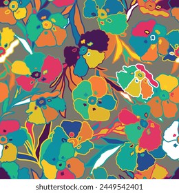 A seamless pattern of colorful flowers on a grey background inspired by nature and botany. The vibrant hues of azure, aqua, and art paint create a beautiful design perfect for textiles or paintings