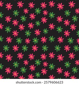 Seamless pattern with colorful flowers on black background. Vector illustration.
