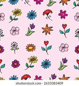 Seamless pattern with colorful flowers on pink background. Vector illustration.