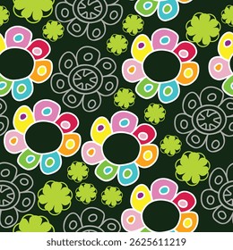 Seamless pattern with colorful flowers on green background. Vector illustration.