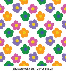 Seamless pattern with colorful flowers on white background. Vector illustration.