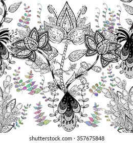 seamless pattern of colorful flowers on a white background, leaves and branch. Vector illustration.