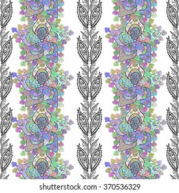 seamless pattern of colorful flowers on a white background, leaves and branch. Vector illustration.