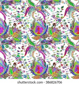 seamless pattern of colorful flowers on a white background, leaves and branch. Vector illustration