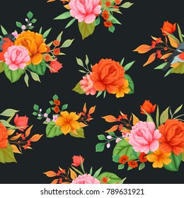 Seamless pattern with colorful flowers on a dark background