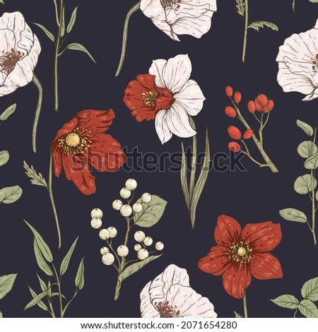 Seamless pattern with colorful flowers on a dark background