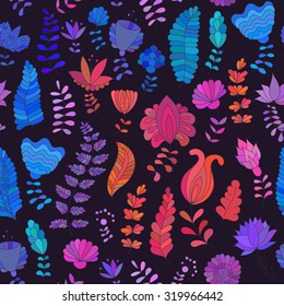 Seamless pattern with colorful flowers in oriental indian style. Doodle background in vector for wrapping paper, web wallpaper, fabric, T-shirts, textiles, mugs, phone cases, skins, bags and more