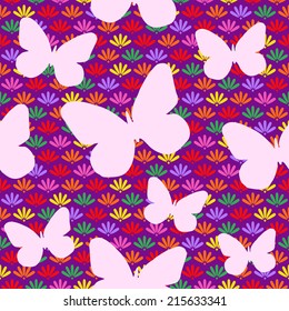 Seamless Pattern with Colorful Flowers and White Butterfly Silhouette. Vector Illustration
