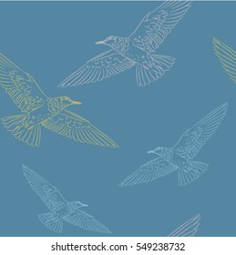 Seamless pattern of colorful flying birds on a blue background, vector illustration drawn by hand