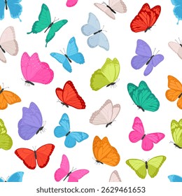 Seamless pattern of colorful flying butterflies. Summer insect vector on white background