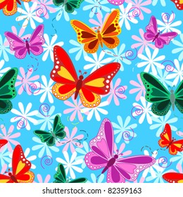 Seamless pattern of colorful flying butterflies with pastel color flowers over sky blue background.