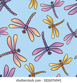 Seamless pattern of colorful flying dragonflies 