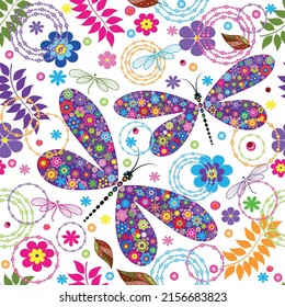 Seamless pattern with colorful flying dragonflies on a transparent background. Vector eps 10