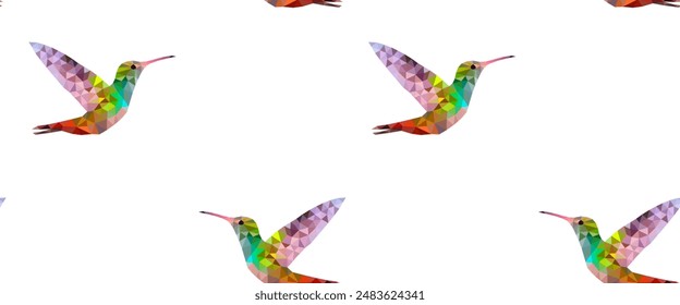 Seamless pattern with colorful flying hummingbirds made of triangular shapes