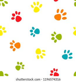 Seamless pattern with colorful footprints on white background. Cat steps vector illustration.