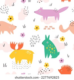 Seamless pattern with colorful forest animals. Illustrations in a modern style for prints, clothing, packaging and postcards.