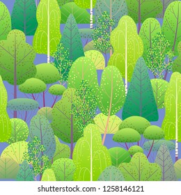 Seamless pattern with colorful forest trees and bushes on blue background. Endless texture with simple elements of plants.  Spring foliage vector flat illustration. 