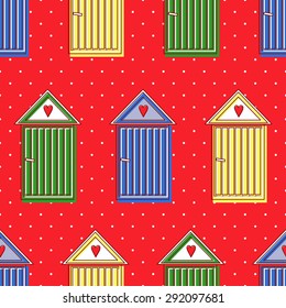 Seamless pattern with colorful french doors with hearts windows on red polka dot background. Retro door seamless background. Cute winter holidays vector texture. Travel concept illustration.