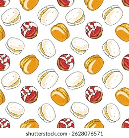 Patrón sin fisuras con macarrones franceses coloridos. Vector de fondo de postres variados de macarrones