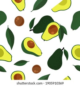 Seamless pattern with colorful fresh avocado whole, half and leaves, seed. Flat cartoon organic fruits.
Healthy food. Vector illustration.