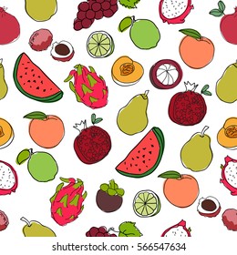 Seamless pattern with colorful fresh fruits. Hand drawn tropical fruits in sketch style. Peach, watermelon, lime, pear, poimegranate, dragon fruit