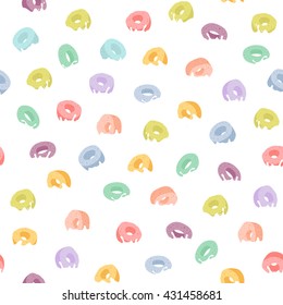 Seamless pattern with colorful fruit cereal rings dipped in milk with splashes. Vector food background.
