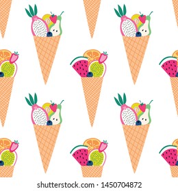 Seamless pattern of colorful fruit cones with sliced fruit.
