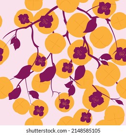 Seamless pattern. Colorful fruit pattern of fresh whole and sliced persimmon fruits. Vector illustration