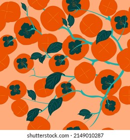 Seamless pattern. Colorful fruit pattern of fresh whole and sliced persimmon fruits. Vector illustration