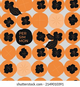 Seamless pattern. Colorful fruit pattern of fresh whole and sliced persimmon fruits. Vector illustration