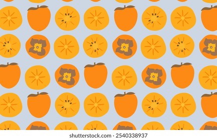 Seamless pattern. Colorful fruit pattern of fresh whole and sliced persimmon fruits. Vector illustration