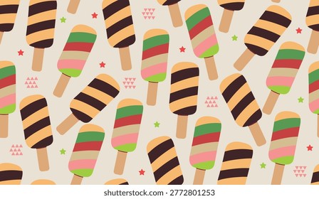 Seamless pattern with colorful fruit popsicles and ice cream bars on beige background. Summer frozen treat vector illustration with stars and triangles in flat design style.