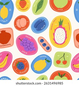 Seamless pattern with colorful fruits and berry sticker. Hand drawn lemon, apple, peach, grape, dragon fruit, banana, strawberry, plum, cherry. Tropical exotic summer fruits. Vector flat illustration.