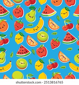 Seamless pattern colorful fruits with Blue background for decoration