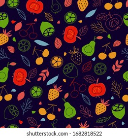 Seamless pattern of colorful fruits on a background in vector graphics. For decorating wallpaper, textile, wrapping paper, pillows, tablecloths.